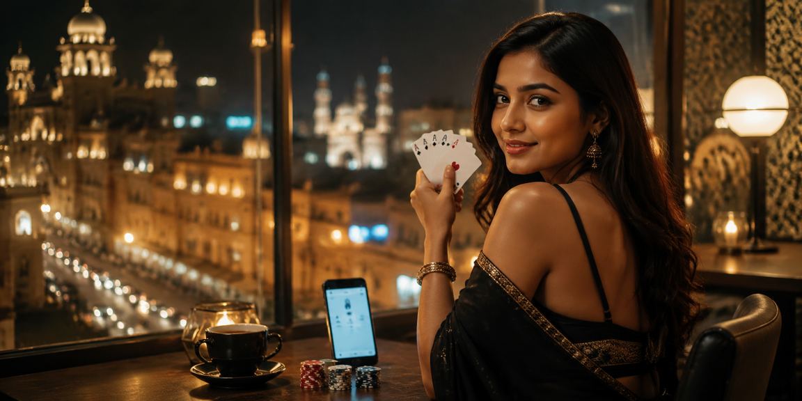Teen Patti card game with player at modern casino table